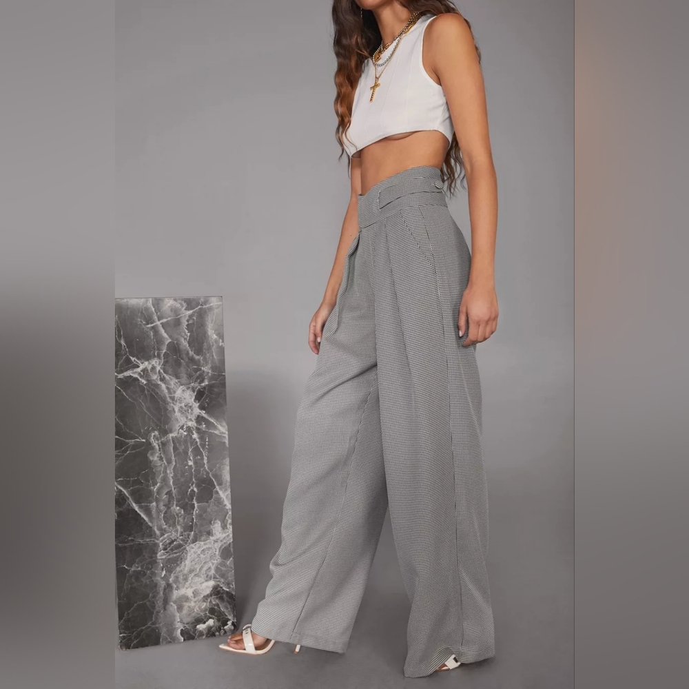High Waisted Houndstooth Wide Leg Pants